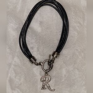 Black Initial Bracelet with Silver R Charm, 8.5"